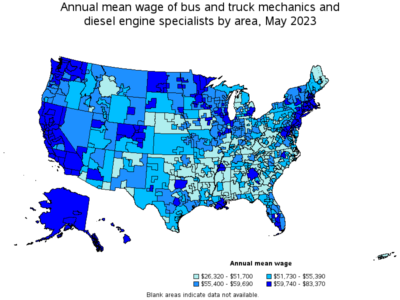 Map of annual mean wages of bus and truck mechanics and diesel engine specialists by area, May 2023