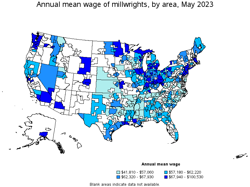 Map of annual mean wages of millwrights by area, May 2023