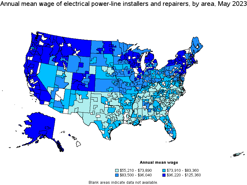 Map of annual mean wages of electrical power-line installers and repairers by area, May 2023