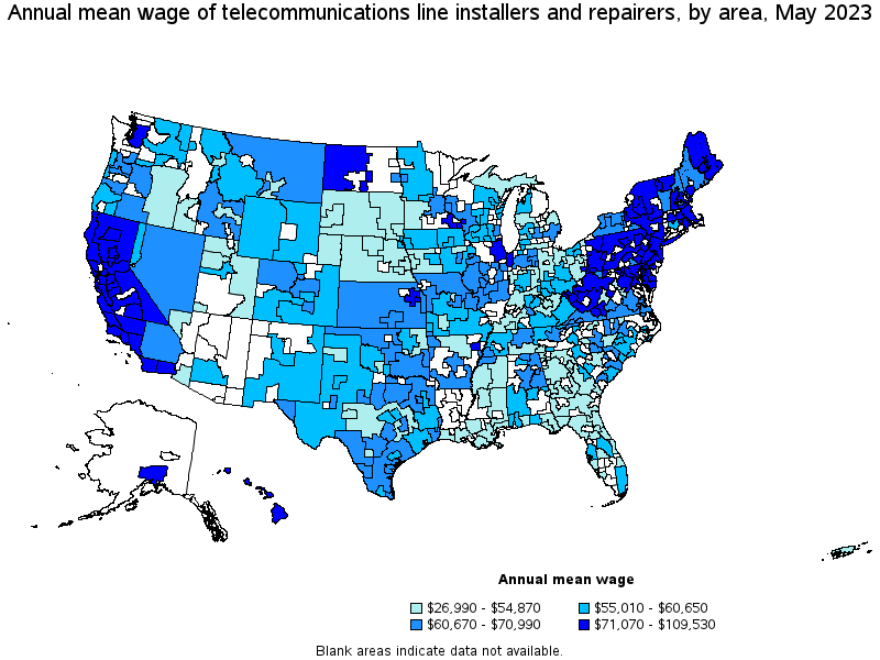 Map of annual mean wages of telecommunications line installers and repairers by area, May 2023