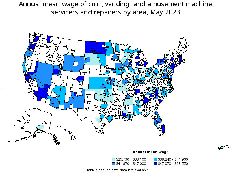 Map of annual mean wages of coin, vending, and amusement machine servicers and repairers by area, May 2023