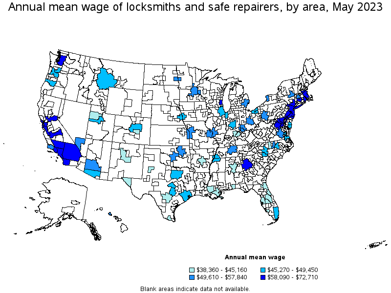 Map of annual mean wages of locksmiths and safe repairers by area, May 2023