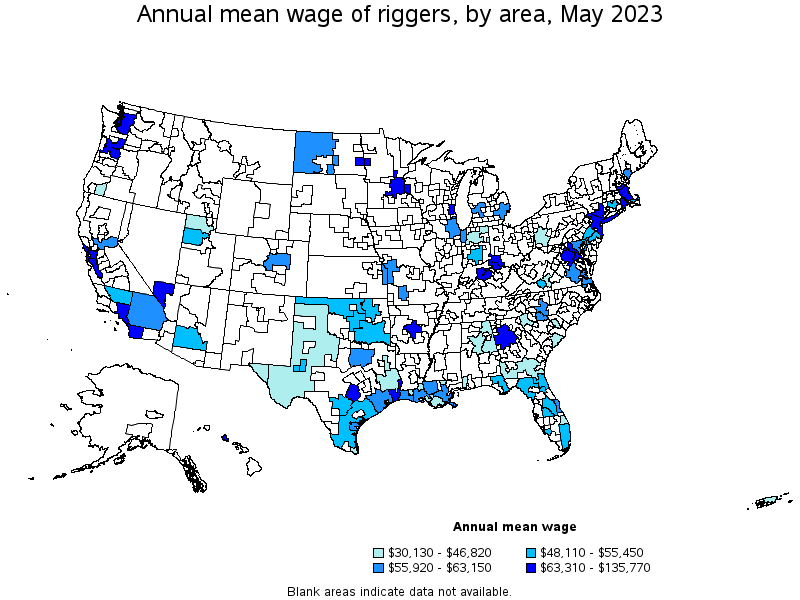Map of annual mean wages of riggers by area, May 2023
