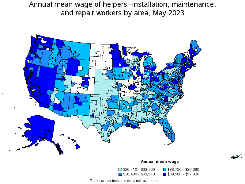 Map of annual mean wages of helpers--installation, maintenance, and repair workers by area, May 2023