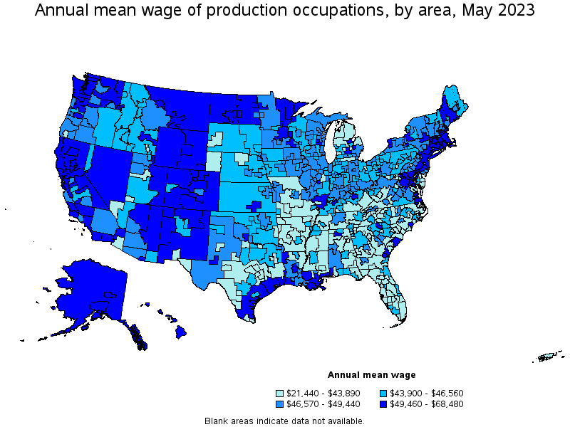 Map of annual mean wages of production occupations by area, May 2023
