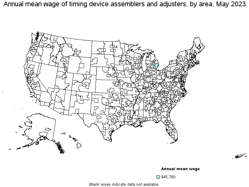 Map of annual mean wages of timing device assemblers and adjusters by area, May 2023