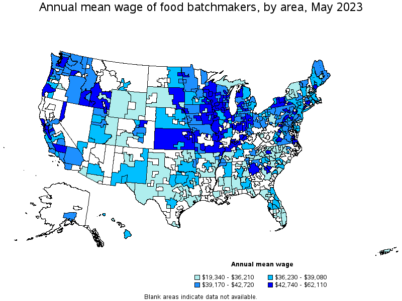 Map of annual mean wages of food batchmakers by area, May 2023