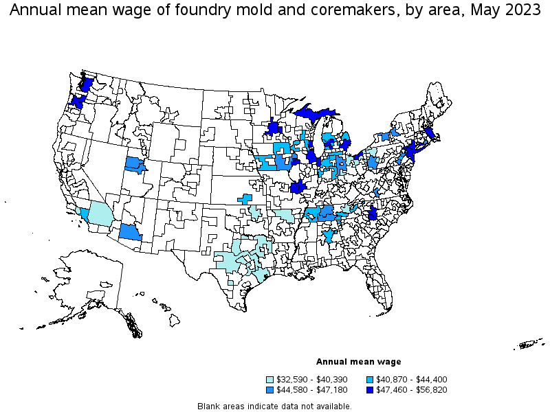 Map of annual mean wages of foundry mold and coremakers by area, May 2023