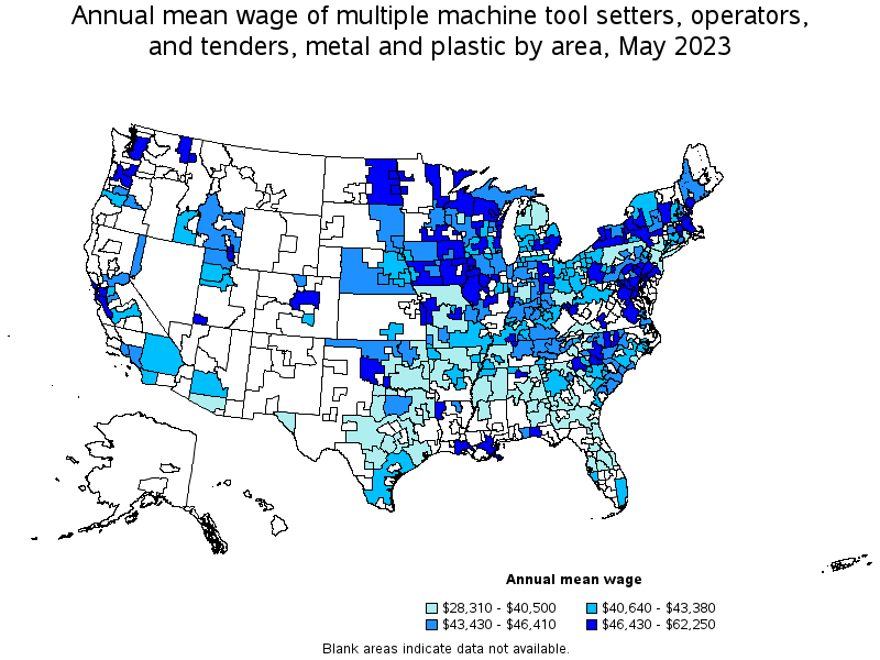 Map of annual mean wages of multiple machine tool setters, operators, and tenders, metal and plastic by area, May 2023