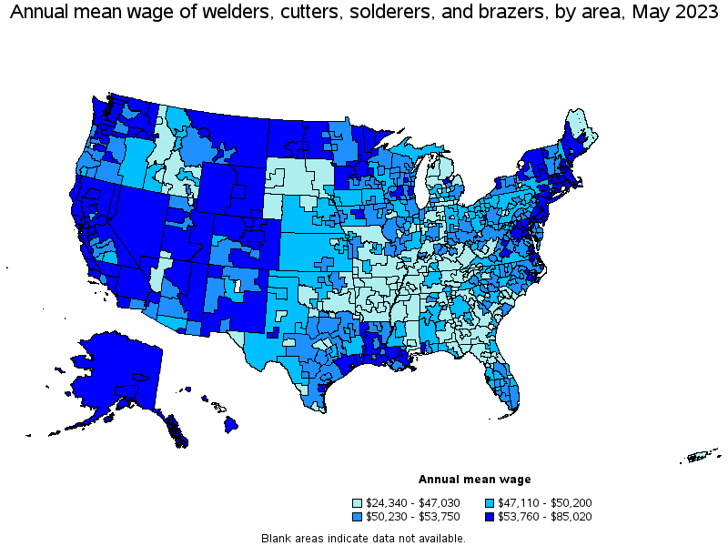 Map of annual mean wages of welders, cutters, solderers, and brazers by area, May 2023
