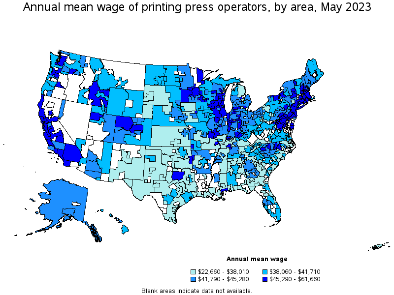 Map of annual mean wages of printing press operators by area, May 2023
