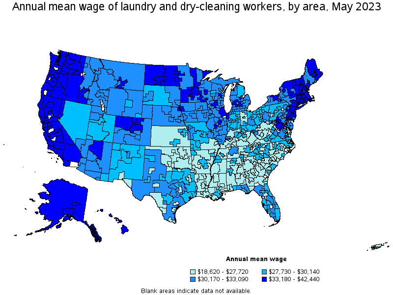 Map of annual mean wages of laundry and dry-cleaning workers by area, May 2022