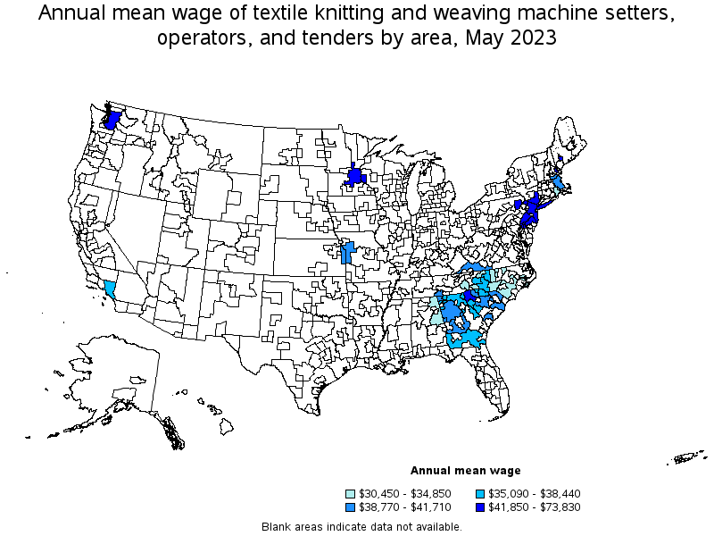 Map of annual mean wages of textile knitting and weaving machine setters, operators, and tenders by area, May 2023