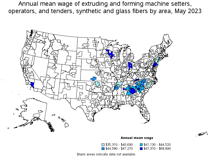 Map of annual mean wages of extruding and forming machine setters, operators, and tenders, synthetic and glass fibers by area, May 2023