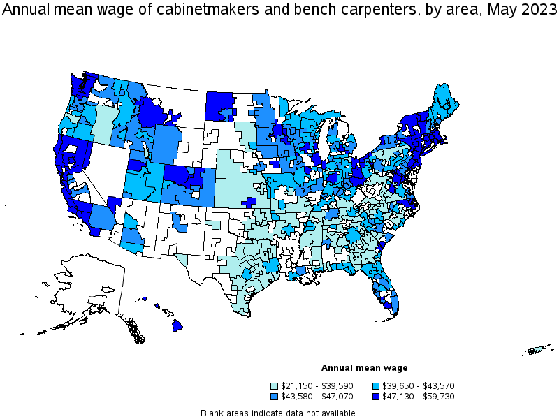 Map of annual mean wages of cabinetmakers and bench carpenters by area, May 2023