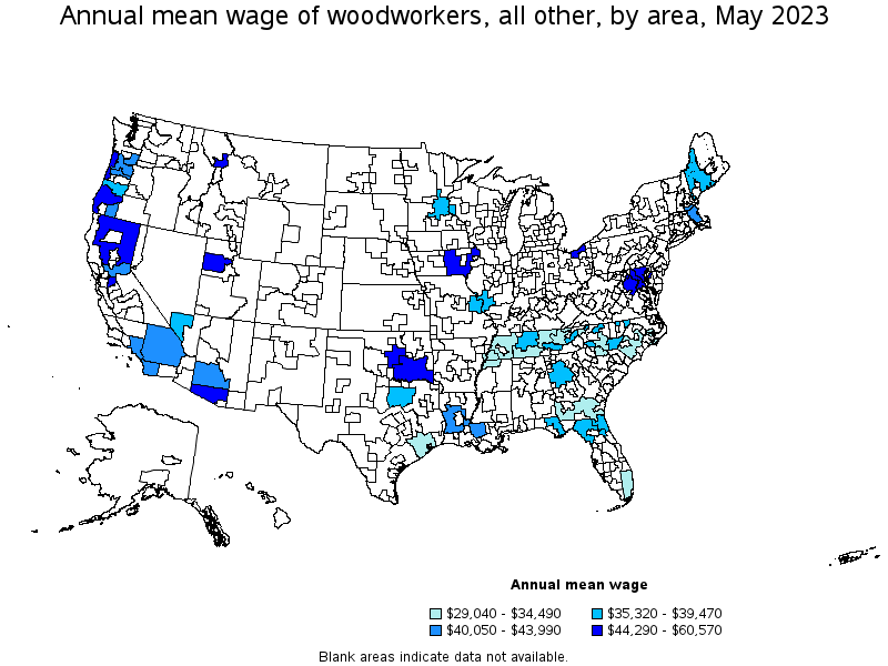 Map of annual mean wages of woodworkers, all other by area, May 2023