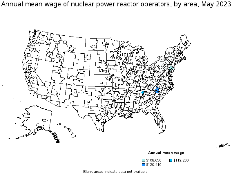 Map of annual mean wages of nuclear power reactor operators by area, May 2023