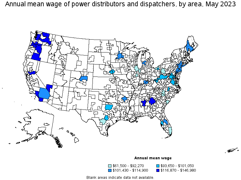 Map of annual mean wages of power distributors and dispatchers by area, May 2023