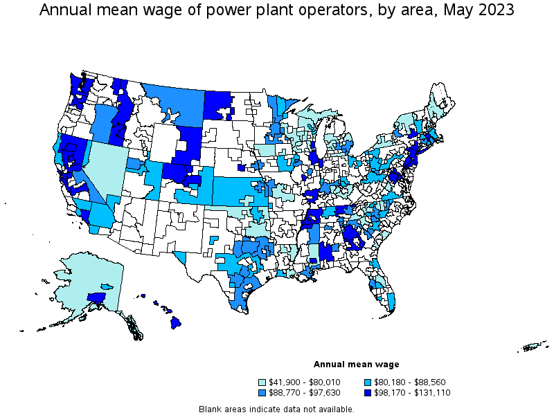 Map of annual mean wages of power plant operators by area, May 2023