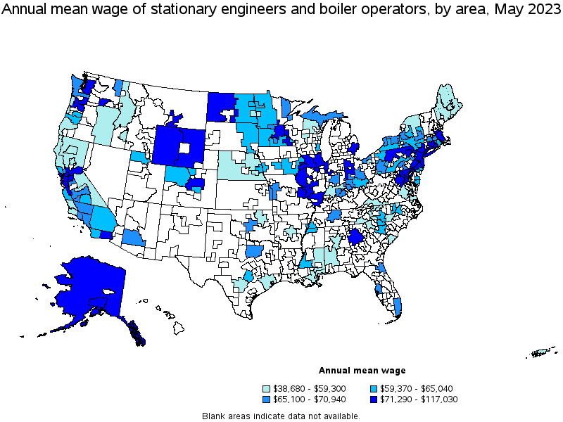 Map of annual mean wages of stationary engineers and boiler operators by area, May 2023
