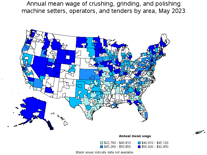 Map of annual mean wages of crushing, grinding, and polishing machine setters, operators, and tenders by area, May 2023