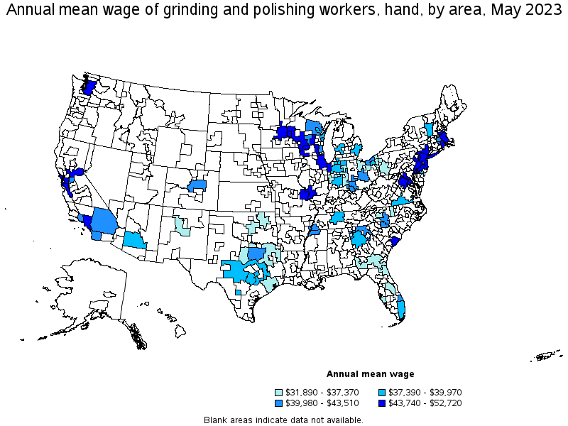Map of annual mean wages of grinding and polishing workers, hand by area, May 2023