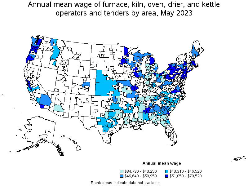 Map of annual mean wages of furnace, kiln, oven, drier, and kettle operators and tenders by area, May 2023