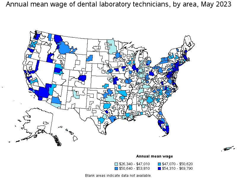 Map of annual mean wages of dental laboratory technicians by area, May 2023