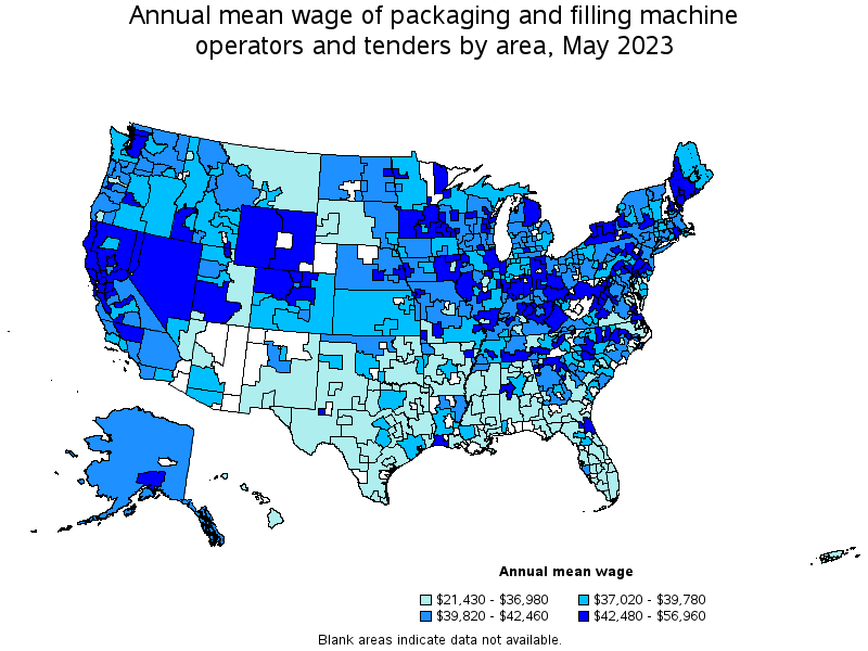 Map of annual mean wages of packaging and filling machine operators and tenders by area, May 2023