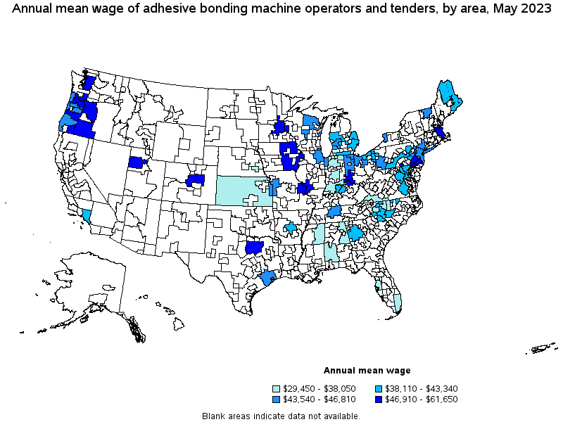 Map of annual mean wages of adhesive bonding machine operators and tenders by area, May 2023