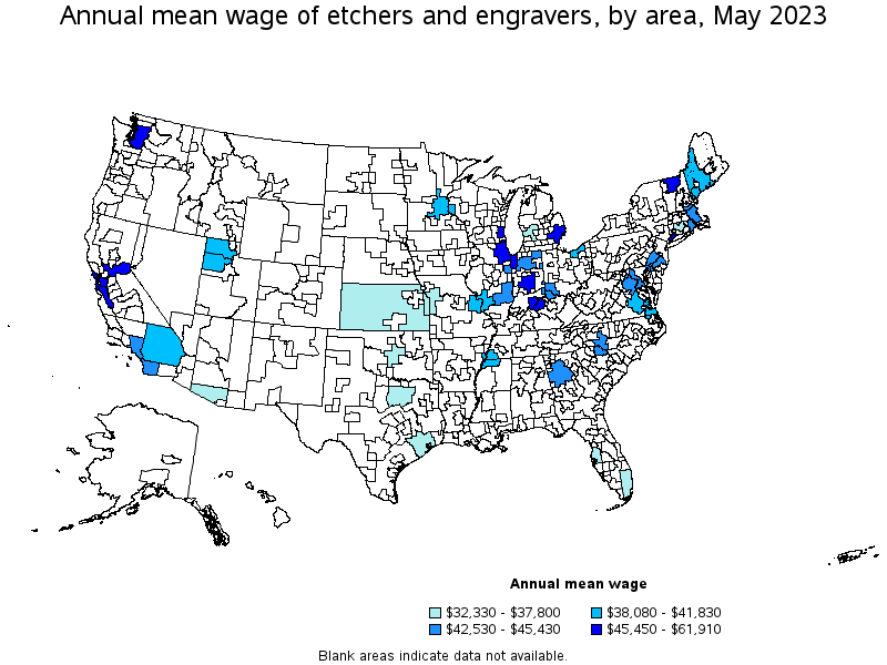 Map of annual mean wages of etchers and engravers by area, May 2023