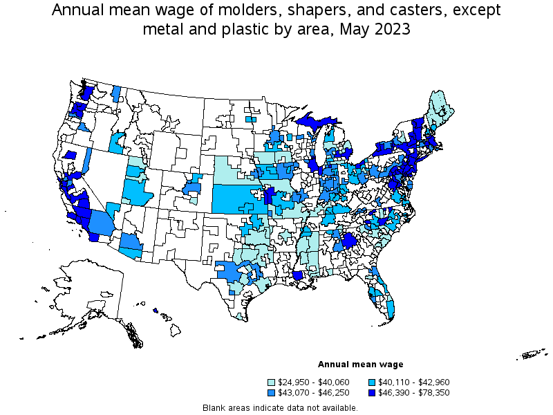 Map of annual mean wages of molders, shapers, and casters, except metal and plastic by area, May 2023