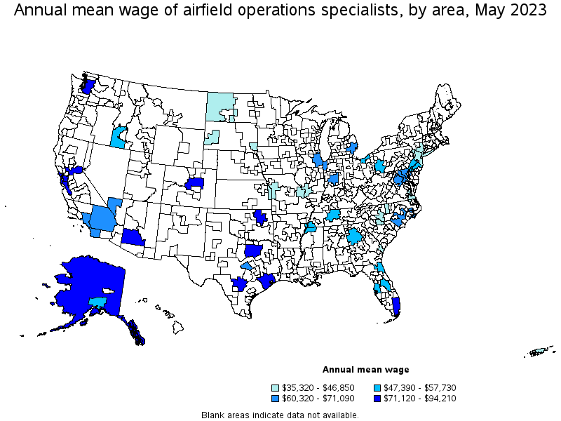Map of annual mean wages of airfield operations specialists by area, May 2023