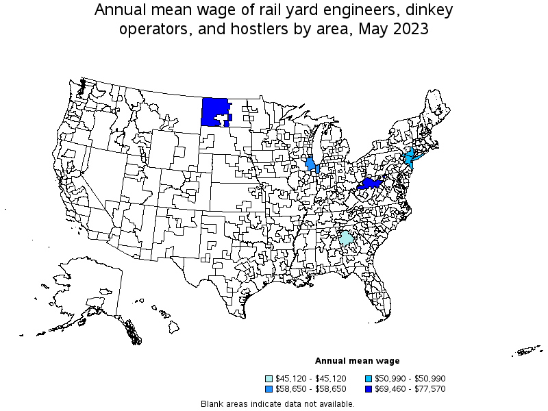 Map of annual mean wages of rail yard engineers, dinkey operators, and hostlers by area, May 2023