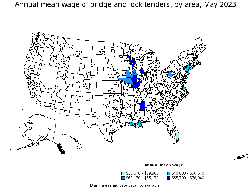 Map of annual mean wages of bridge and lock tenders by area, May 2023