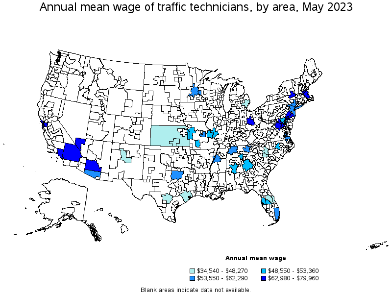 Map of annual mean wages of traffic technicians by area, May 2023