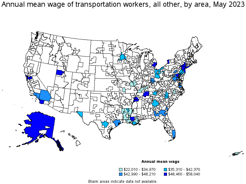 Map of annual mean wages of transportation workers, all other by area, May 2023