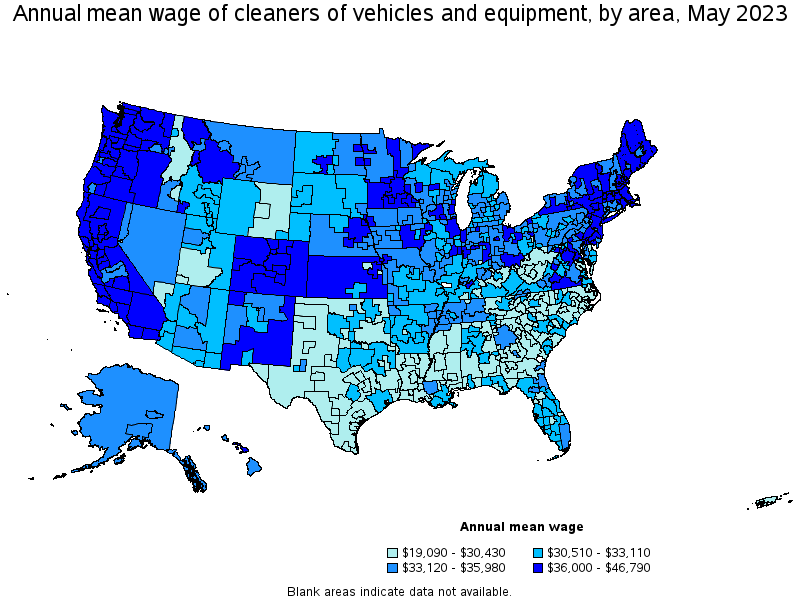 Map of annual mean wages of cleaners of vehicles and equipment by area, May 2023