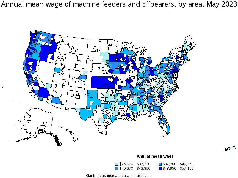 Map of annual mean wages of machine feeders and offbearers by area, May 2023