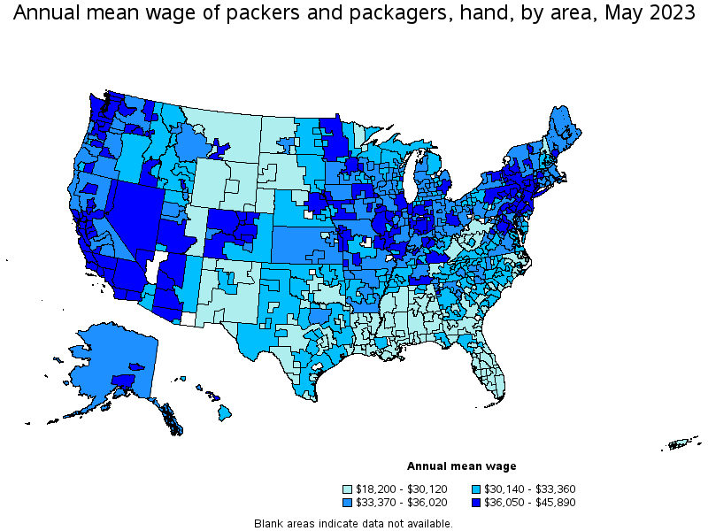 Map of annual mean wages of packers and packagers, hand by area, May 2022