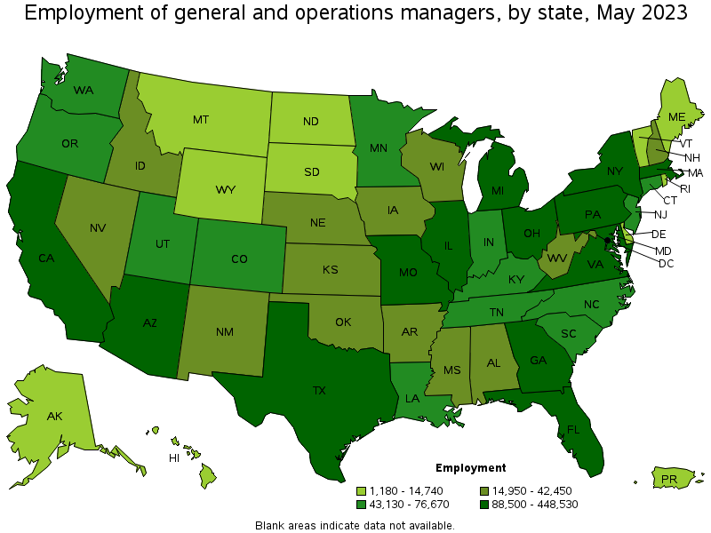 Map of employment of general and operations managers by state, May 2023