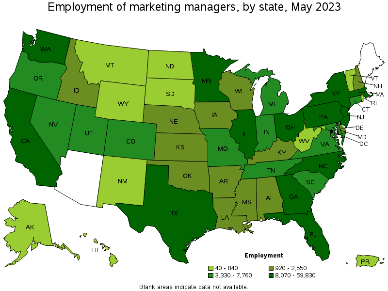 Map of employment of marketing managers by state, May 2023