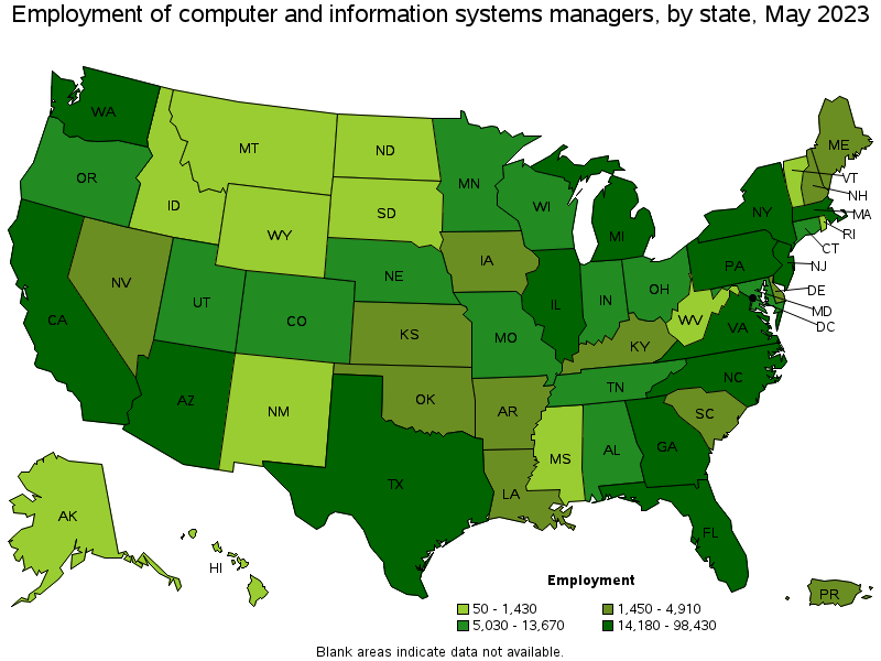 Map of employment of computer and information systems managers by state, May 2023