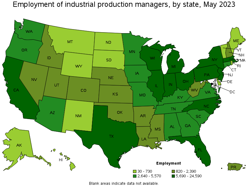 Map of employment of industrial production managers by state, May 2023