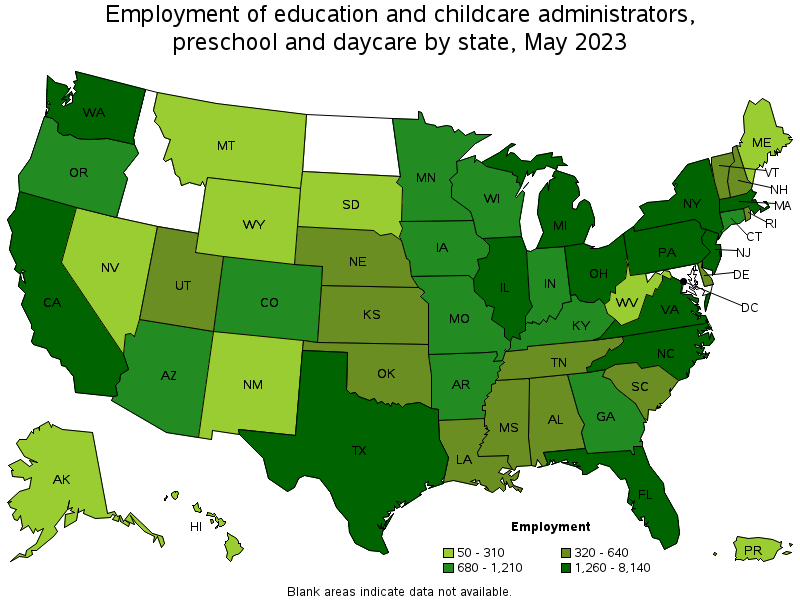 Map of employment of education and childcare administrators, preschool and daycare by state, May 2023