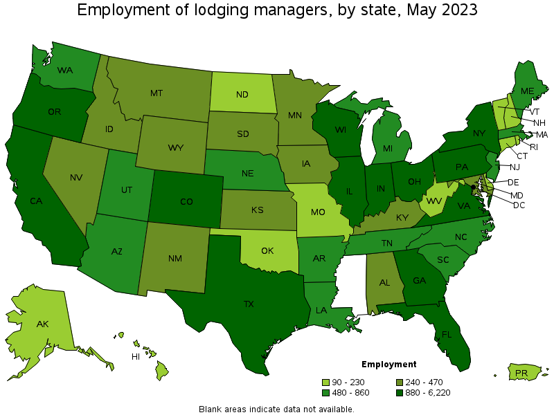 Map of employment of lodging managers by state, May 2023