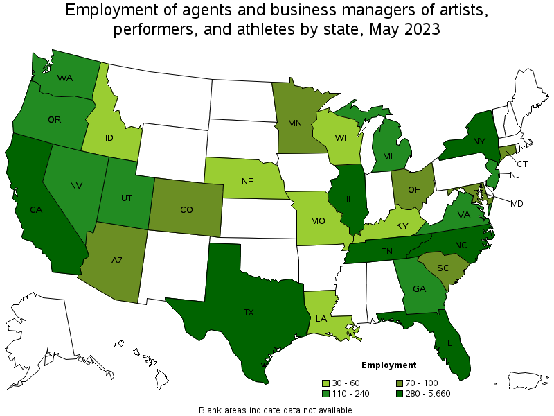 Map of employment of agents and business managers of artists, performers, and athletes by state, May 2023