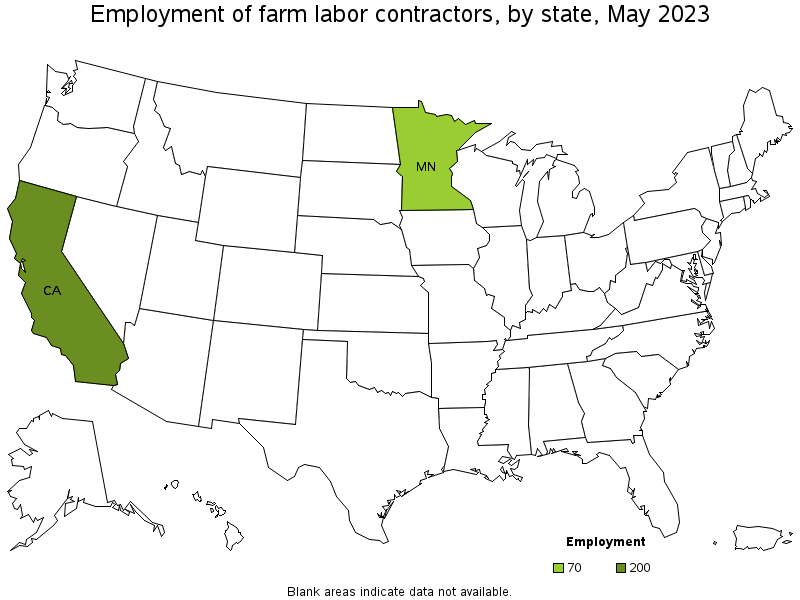 Map of employment of farm labor contractors by state, May 2023