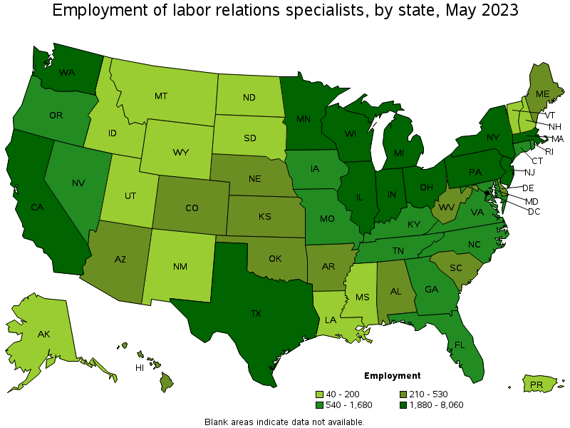 Map of employment of labor relations specialists by state, May 2023