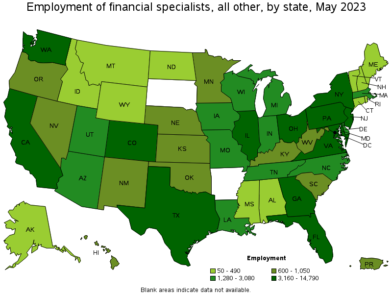 Map of employment of financial specialists, all other by state, May 2023